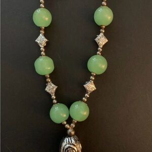 Vintage Green Glass Bead & Silvertone Necklace Unique Design and Details Tassle